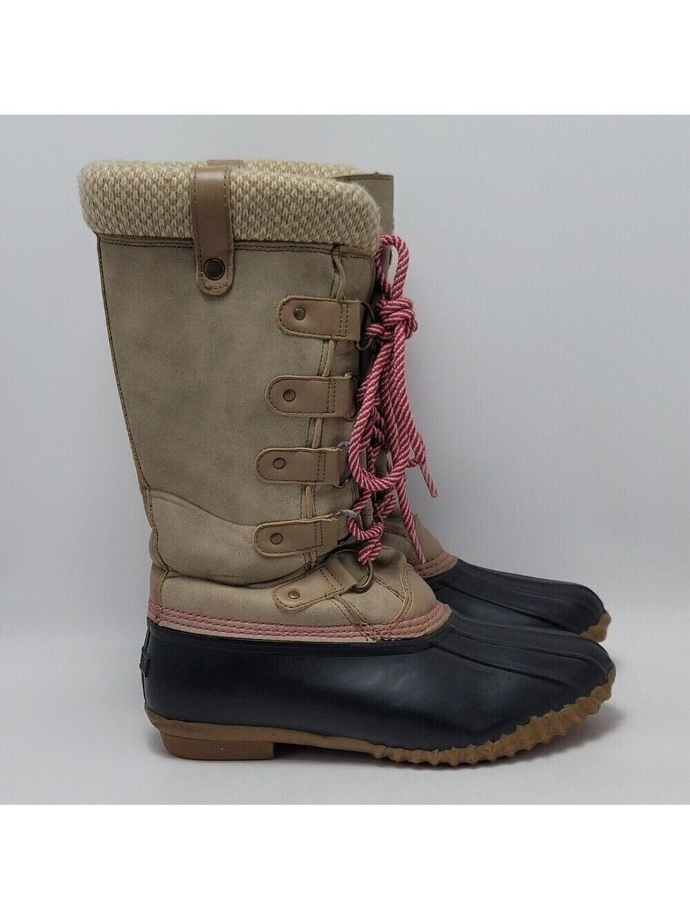 Esprit Belinda Tan Tall Lace Up Faux Fur Sock Lined Knit Cuff Duck Boots Sz 7.5M